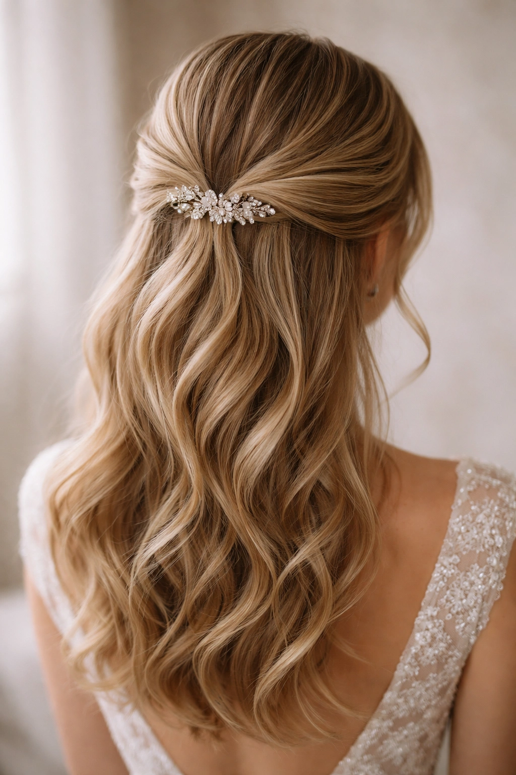 Twisted half-up hairstyle with sparkling hair accessory