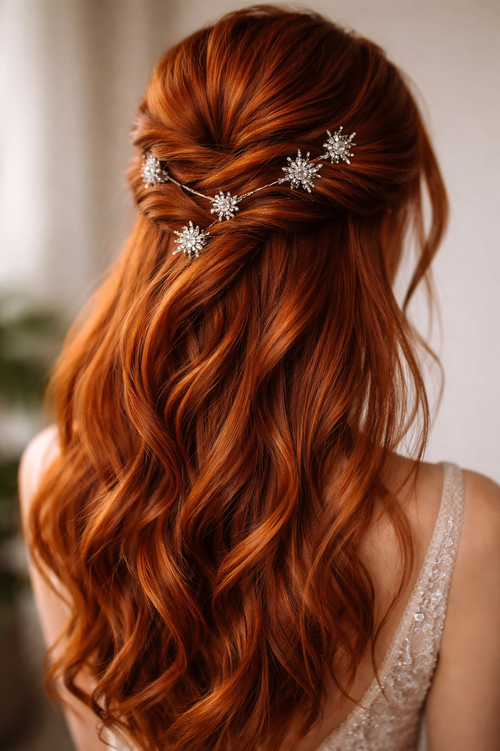 Close-up of red hair in a twisted half-up with scattered sparkly pins