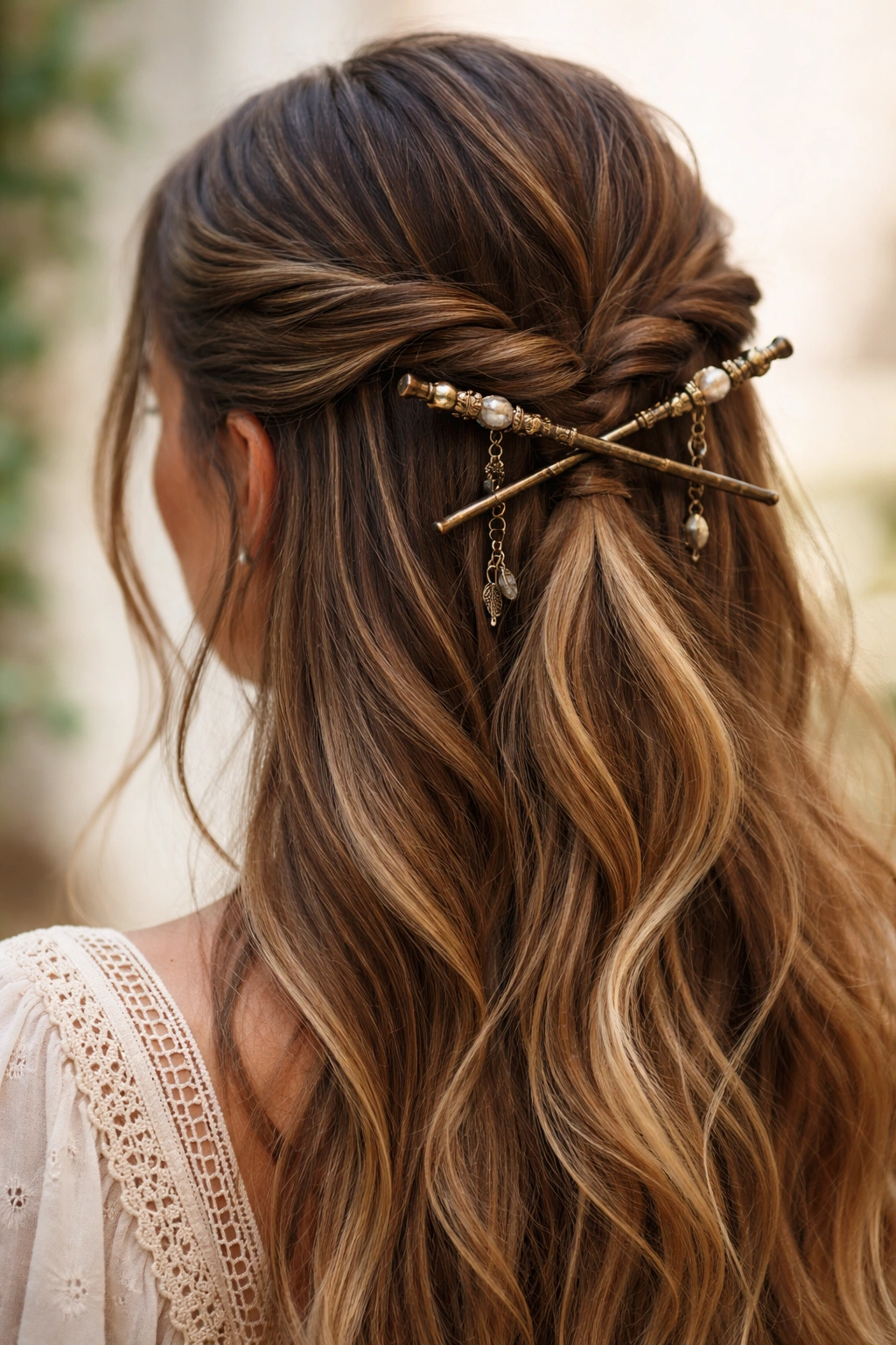 Twisted half-up hairstyle secured with decorative hair sticks