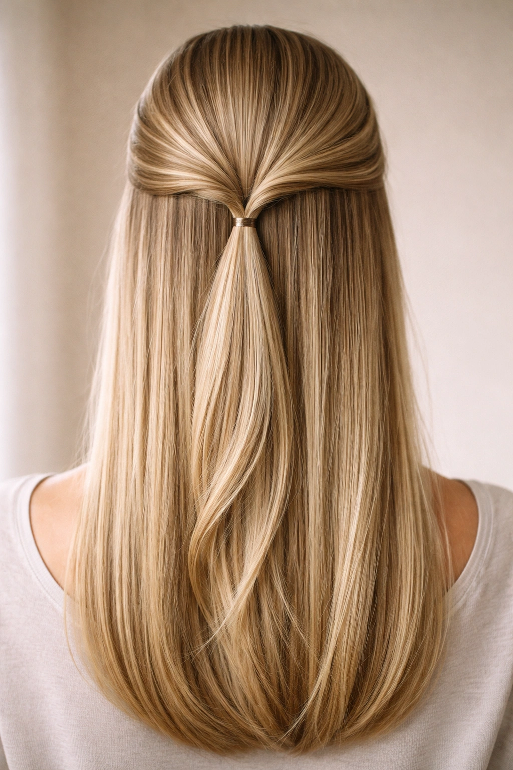 Close-up of a straight-hair hairstyle showing two soft temple twists meeting at the crown.