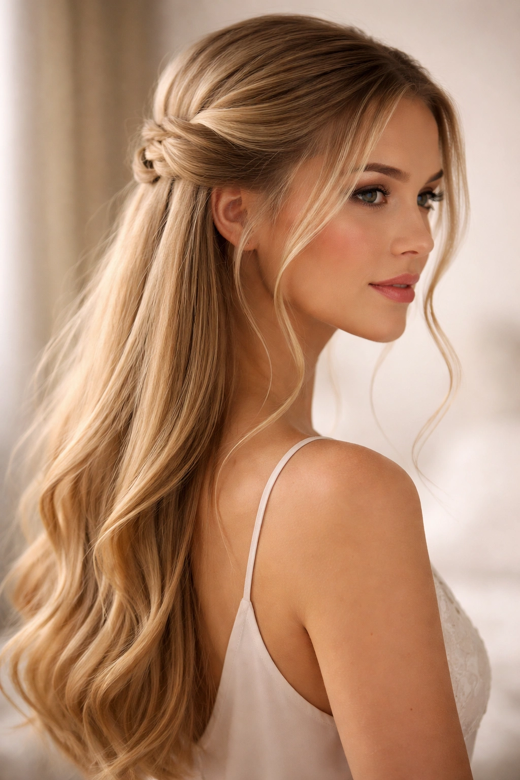 Romantic half-up hairstyle with twists and intentional tendrils around the face on straight hair