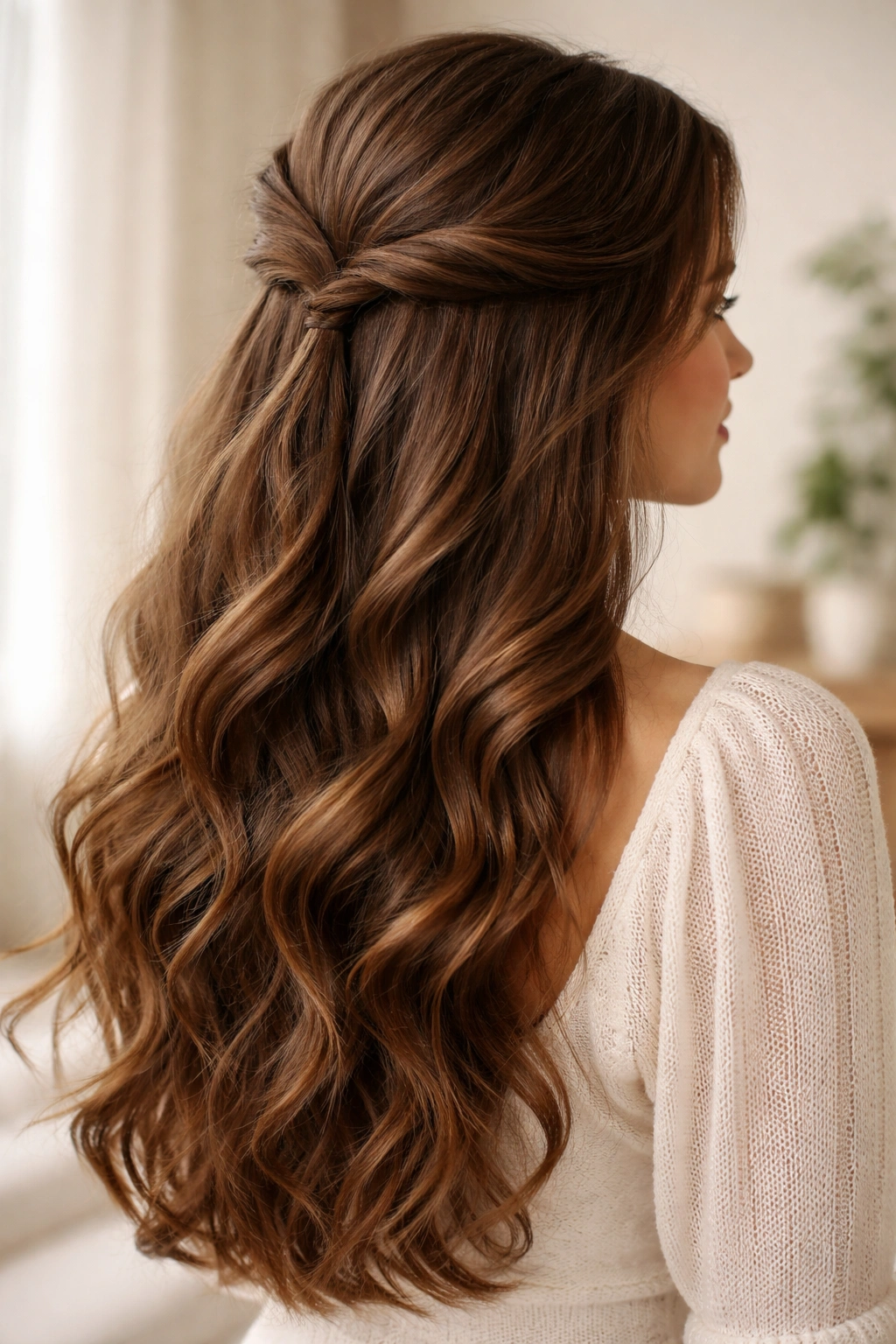 Close-up of The Classic Twisted Half-Up hairstyle on thick long hair with two loose twists
