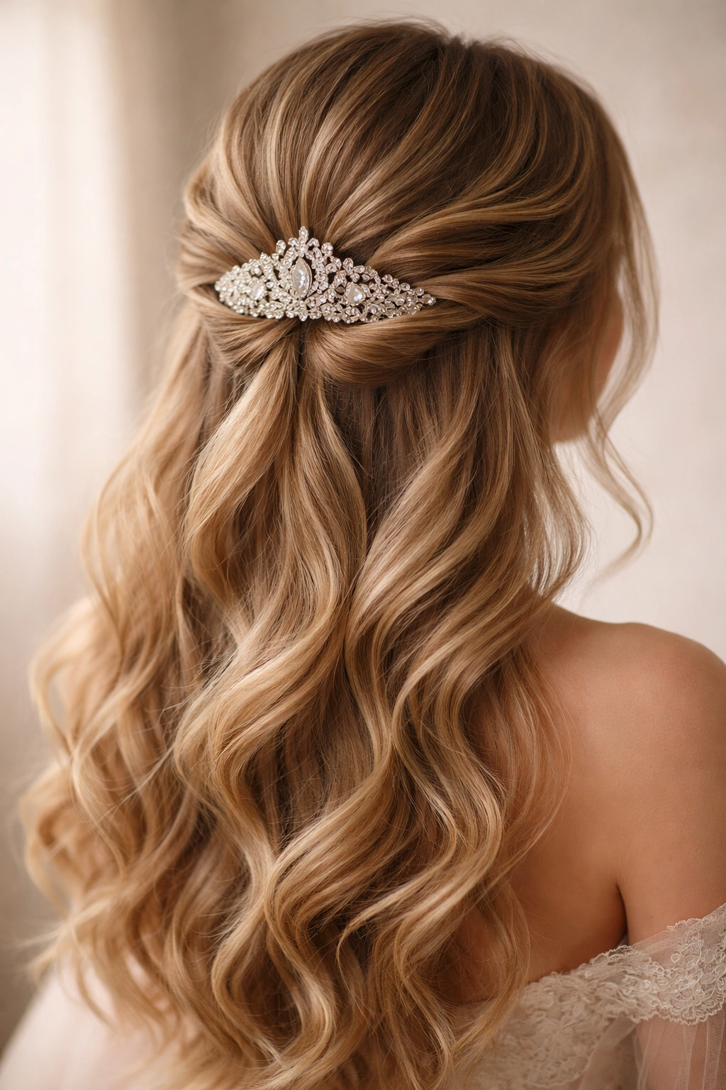 Two soft twists gathered at the back with tiara at base