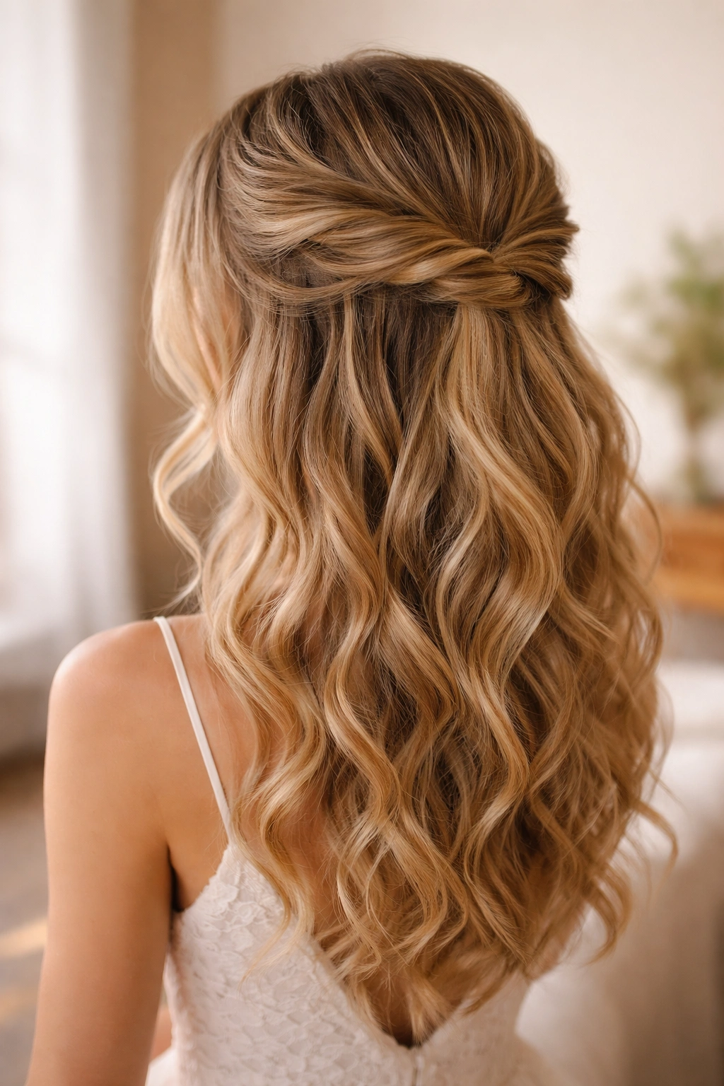 Twisted half-up hairstyle with loose romantic waves