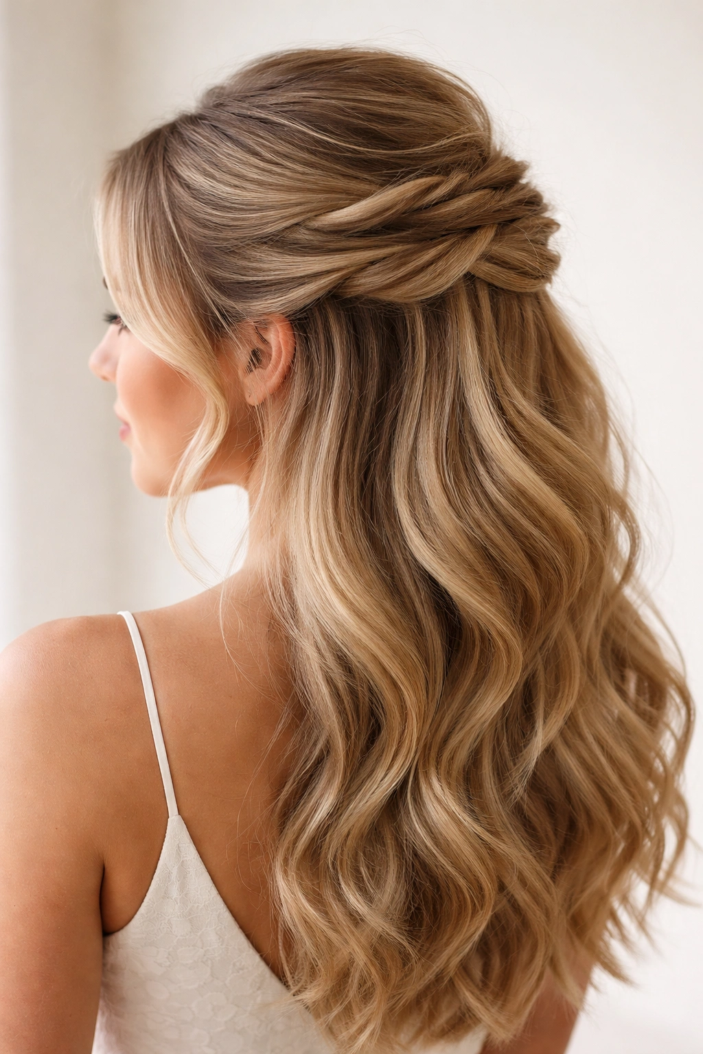 Twisted half-up hairstyle with crown volume and back-tied twists
