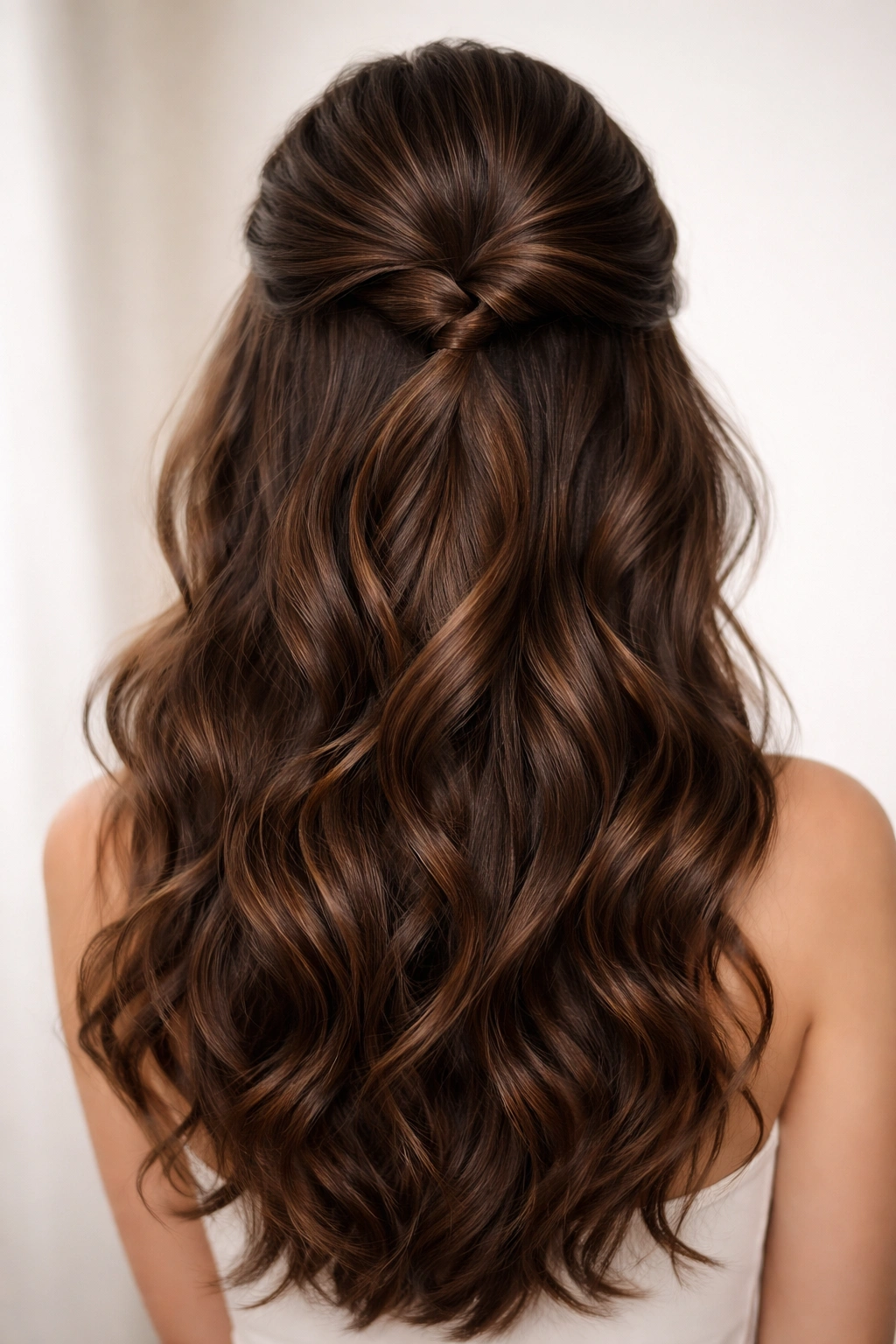 Brown wavy hair with twisted half-up volume at crown