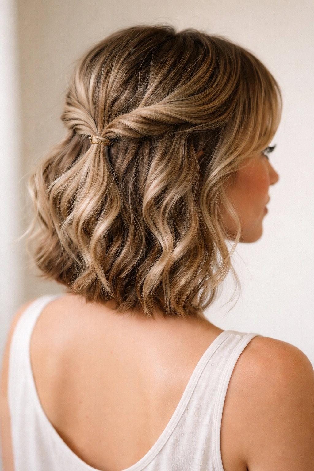 Close-up of short wavy hair in a classic twisted half-up with loose twists at the back