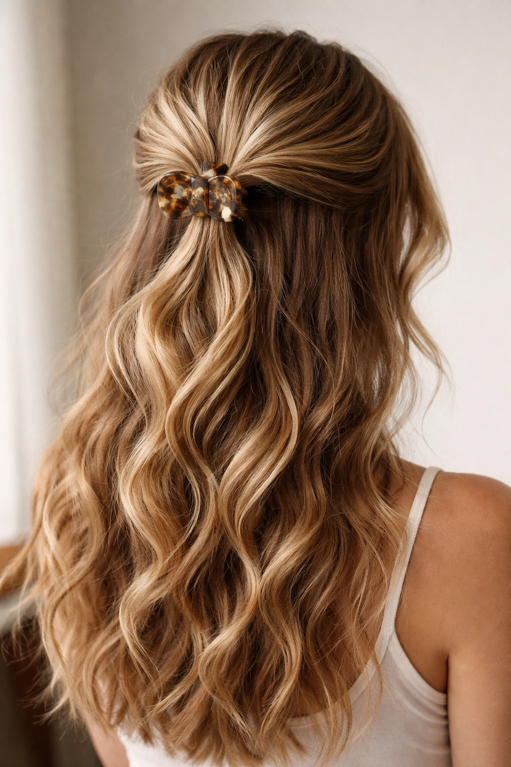 Close-up of The Twisted Half-Up hairstyle with a gentle twist and claw clip in wavy hair