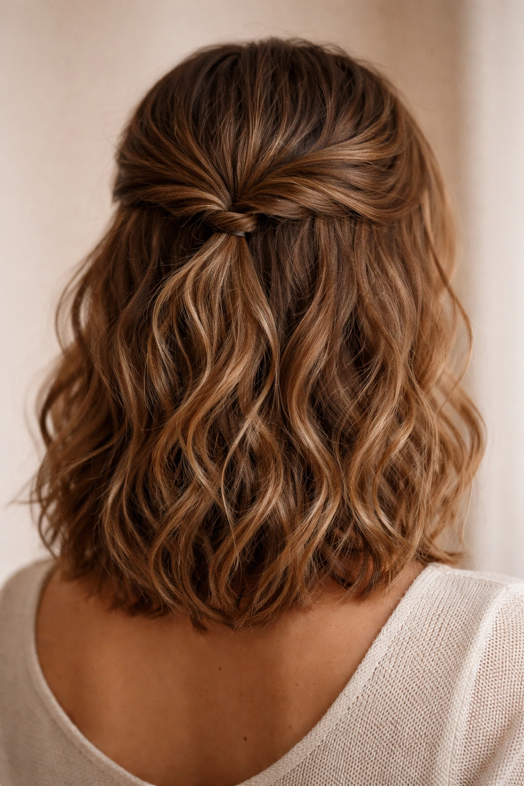 Close-up of a wavy hairstyle with a loose twist secured at the crown
