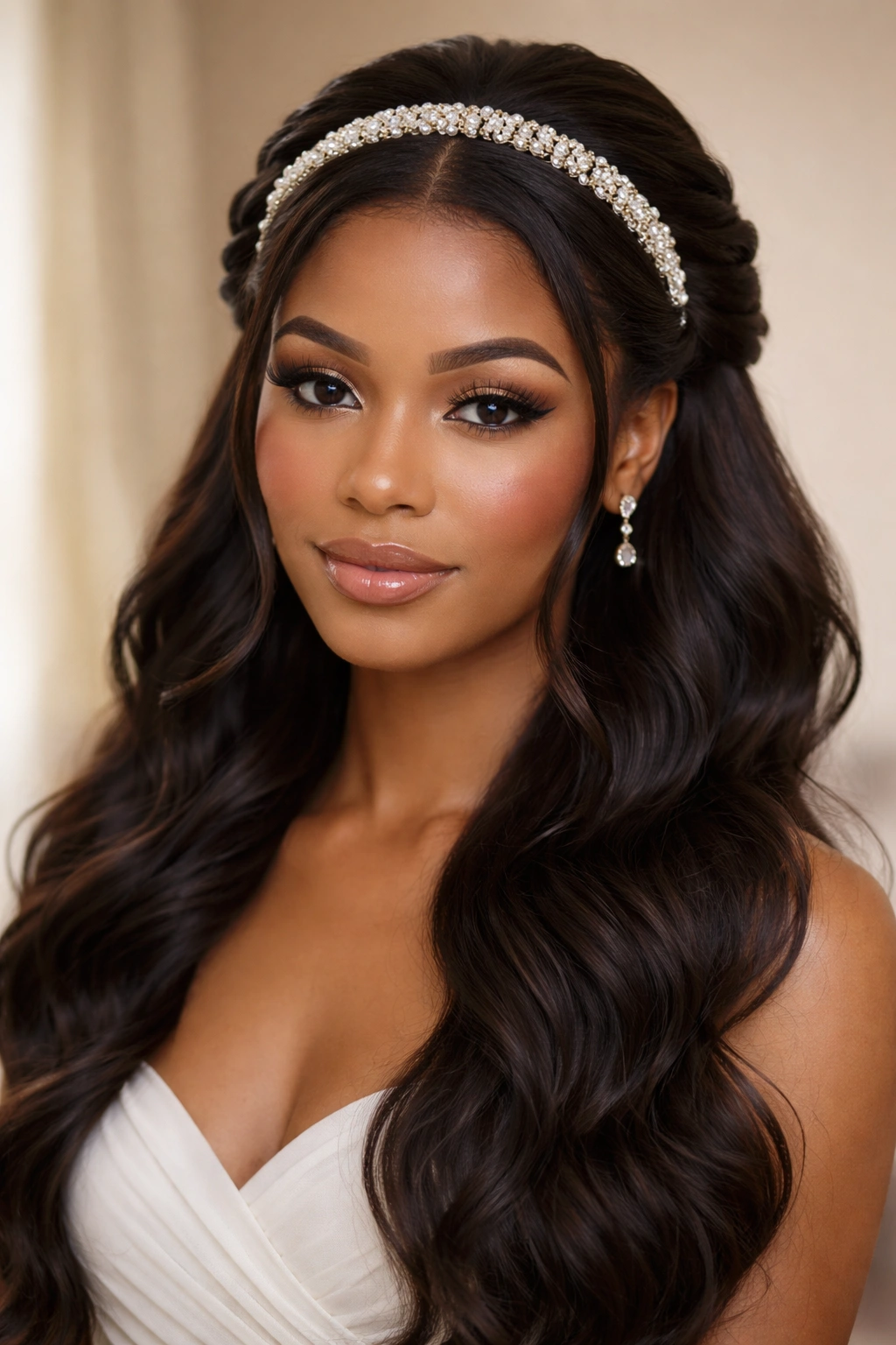Wig with twisted half-up style and beaded headband