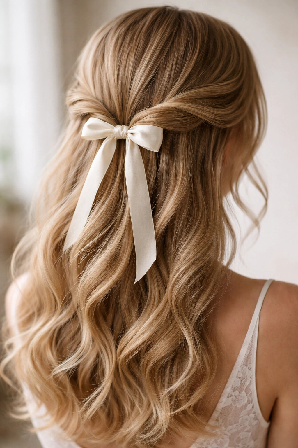Close-up of twisted half updo with ribbon bow in a bridal hairstyle