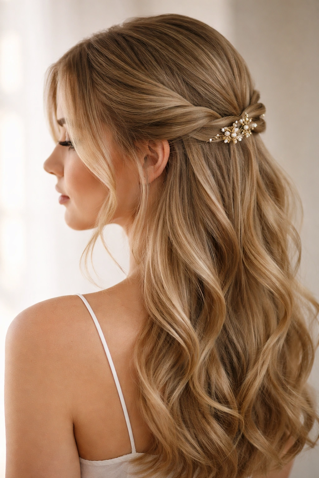 Twisted half updo with face-framing layers and pins