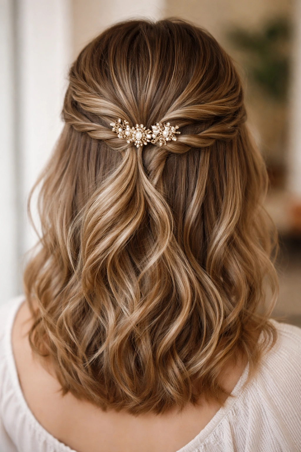 Half up hairstyle with two twists and a beaded accessory.