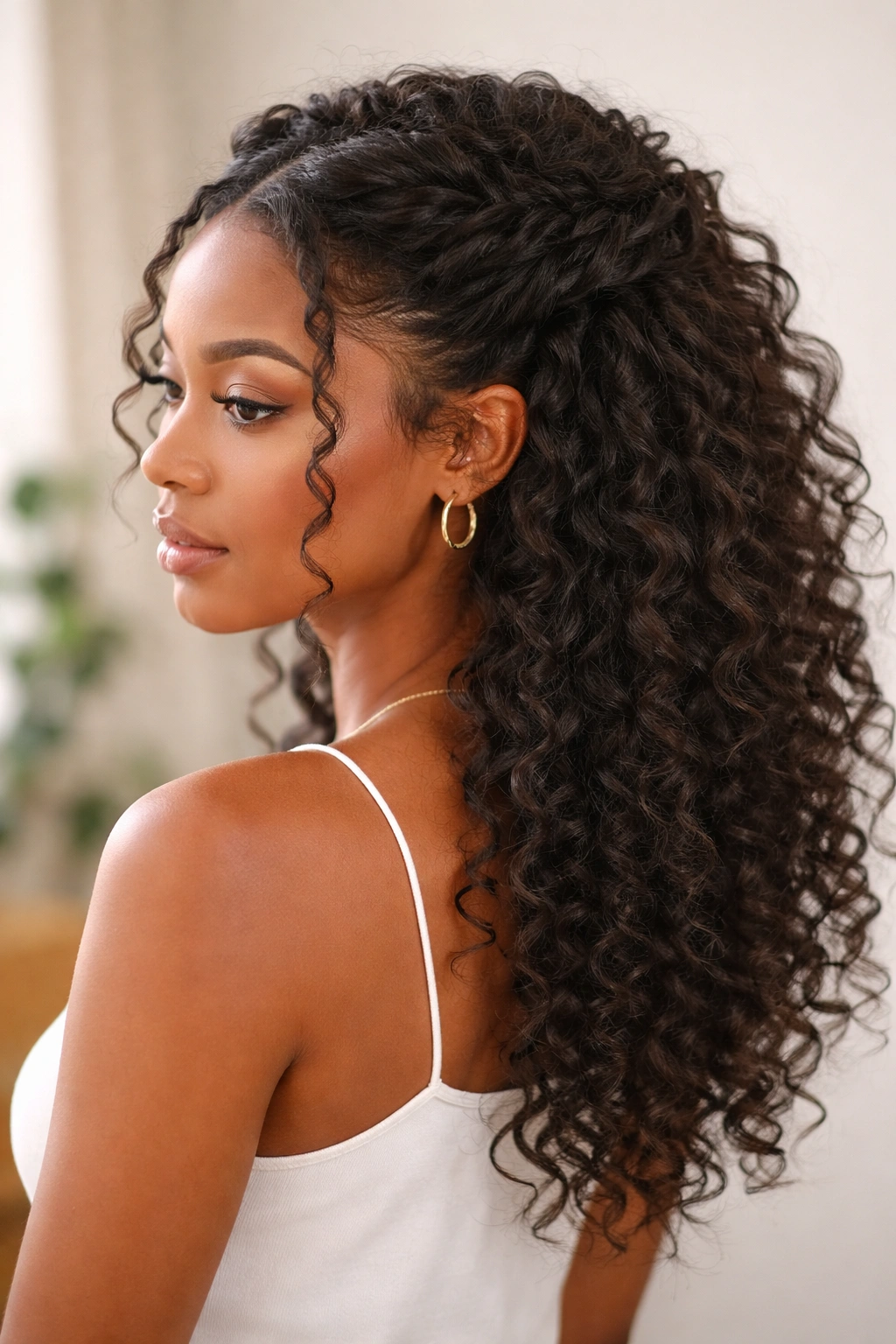 Relaxed twists at crown pulled into a loose textured half-up.