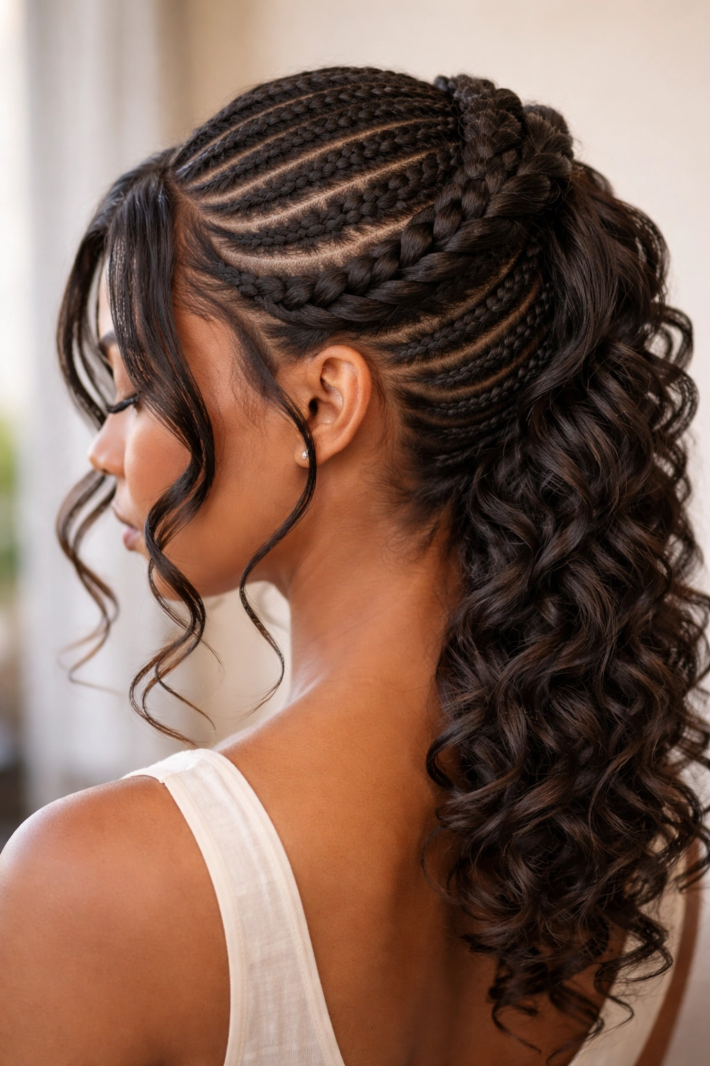 Rear view showing spiraling back cornrows with twisted halo and curled ends in front