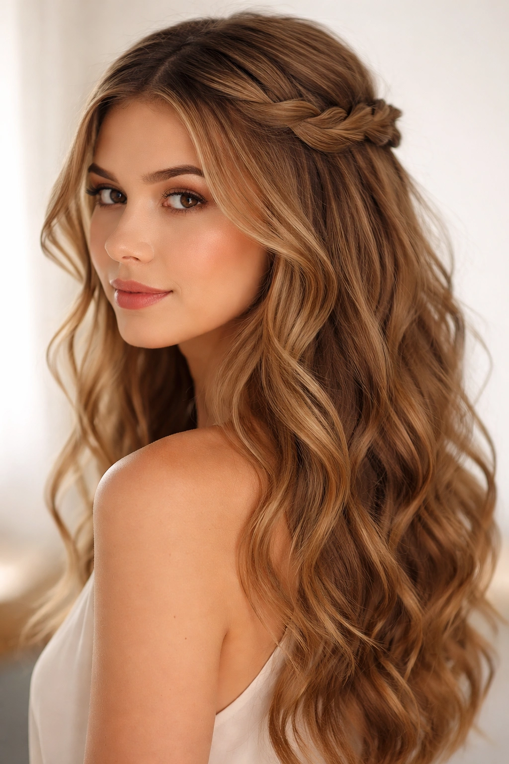 Close-up of a twisted halo half-up hairstyle with a crown twist and loose waves
