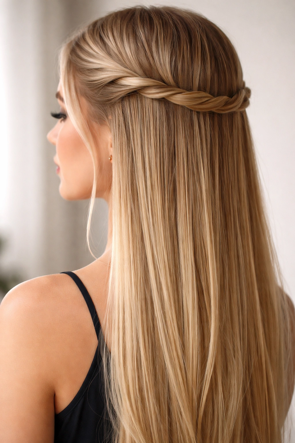 Twisted halo half up hairstyle forming a halo around the crown with bottom hair down