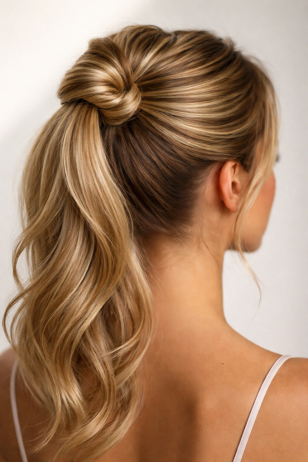 High ponytail twisted into a knot at the crown