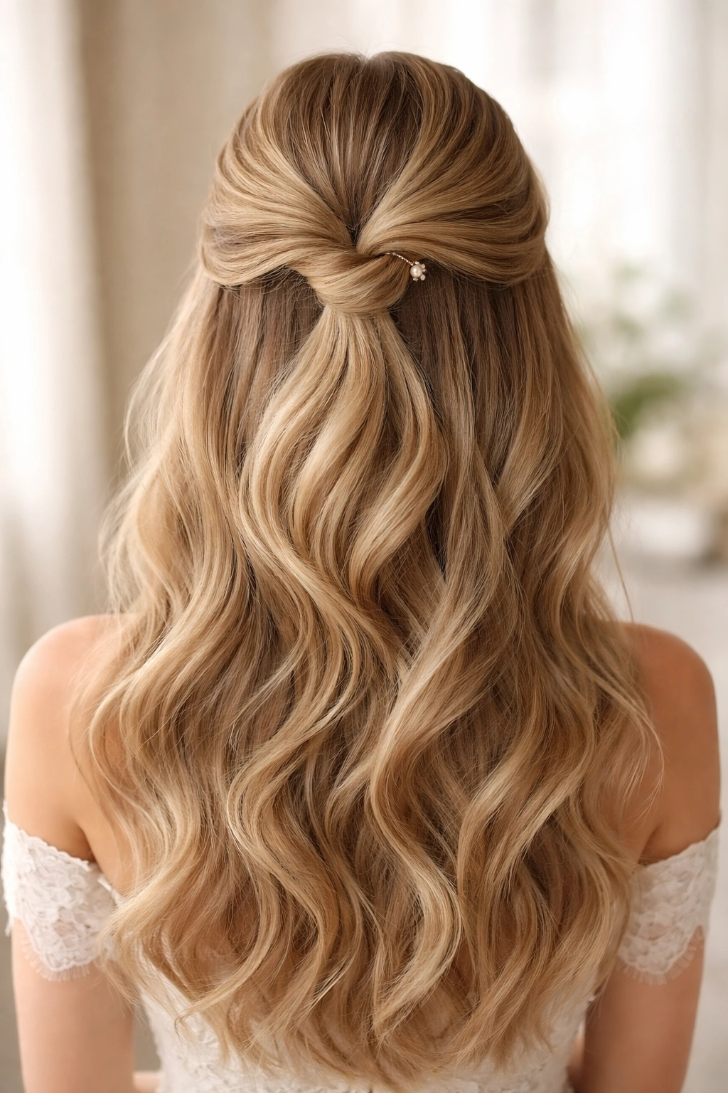 Back view of classic half-up twisted knot bridal hairstyle with crown twist