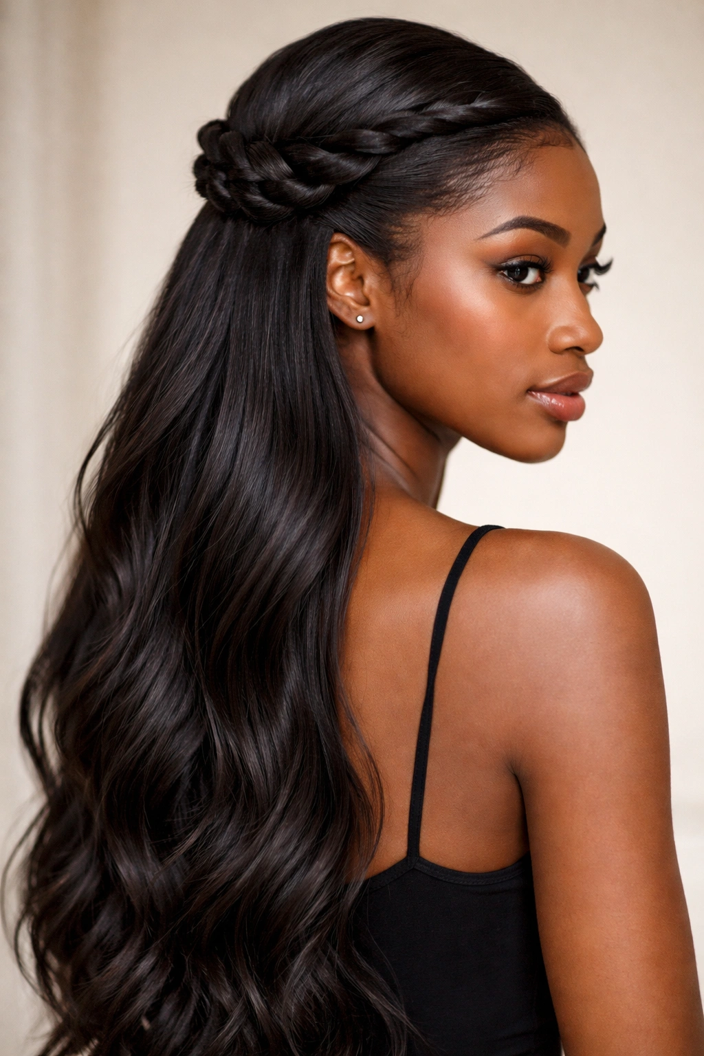 Sleek twisted knot with open length showing crown knot and flowing hair below