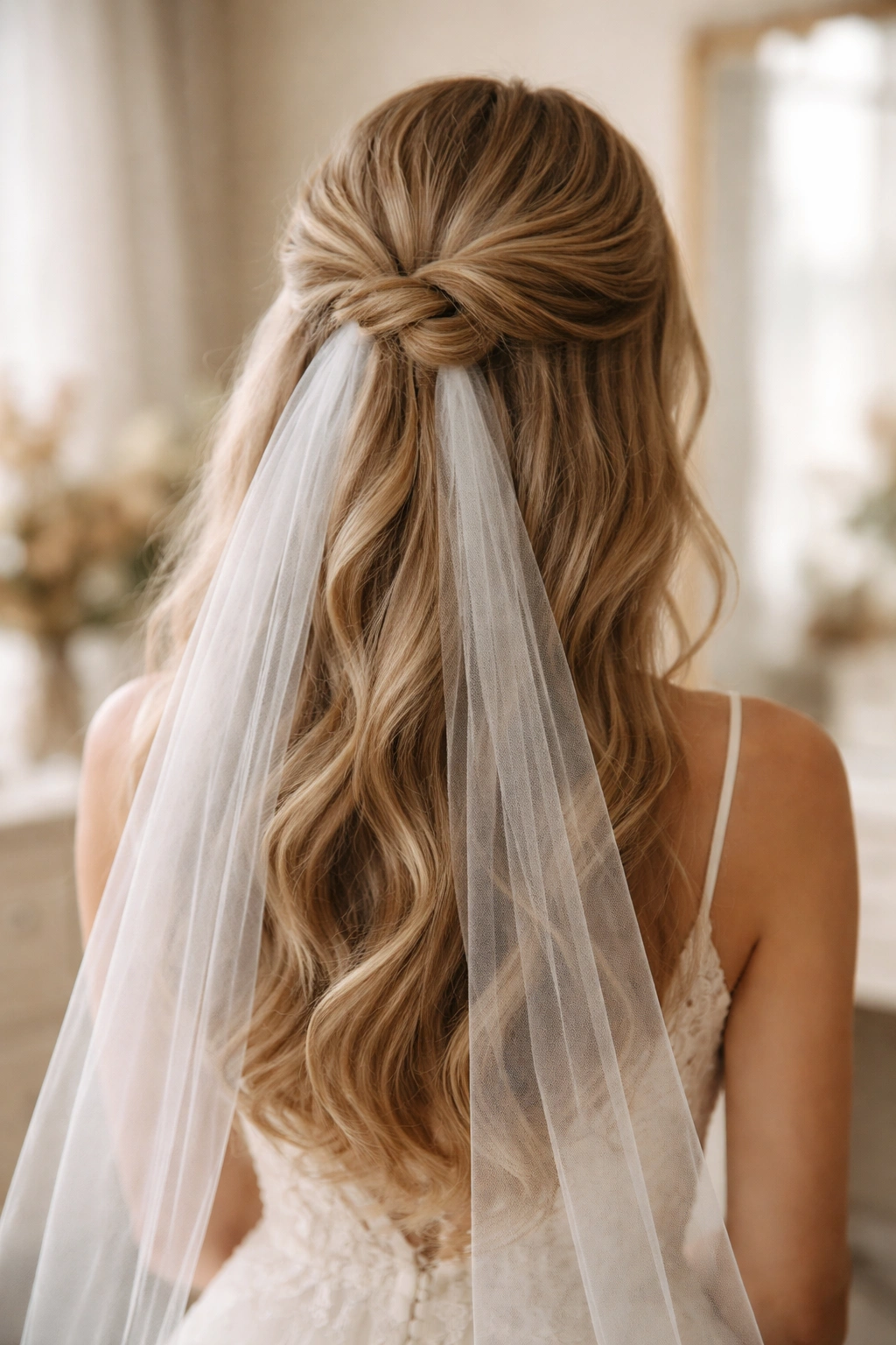 Half up twisted knot with fingertip veil anchored at crown