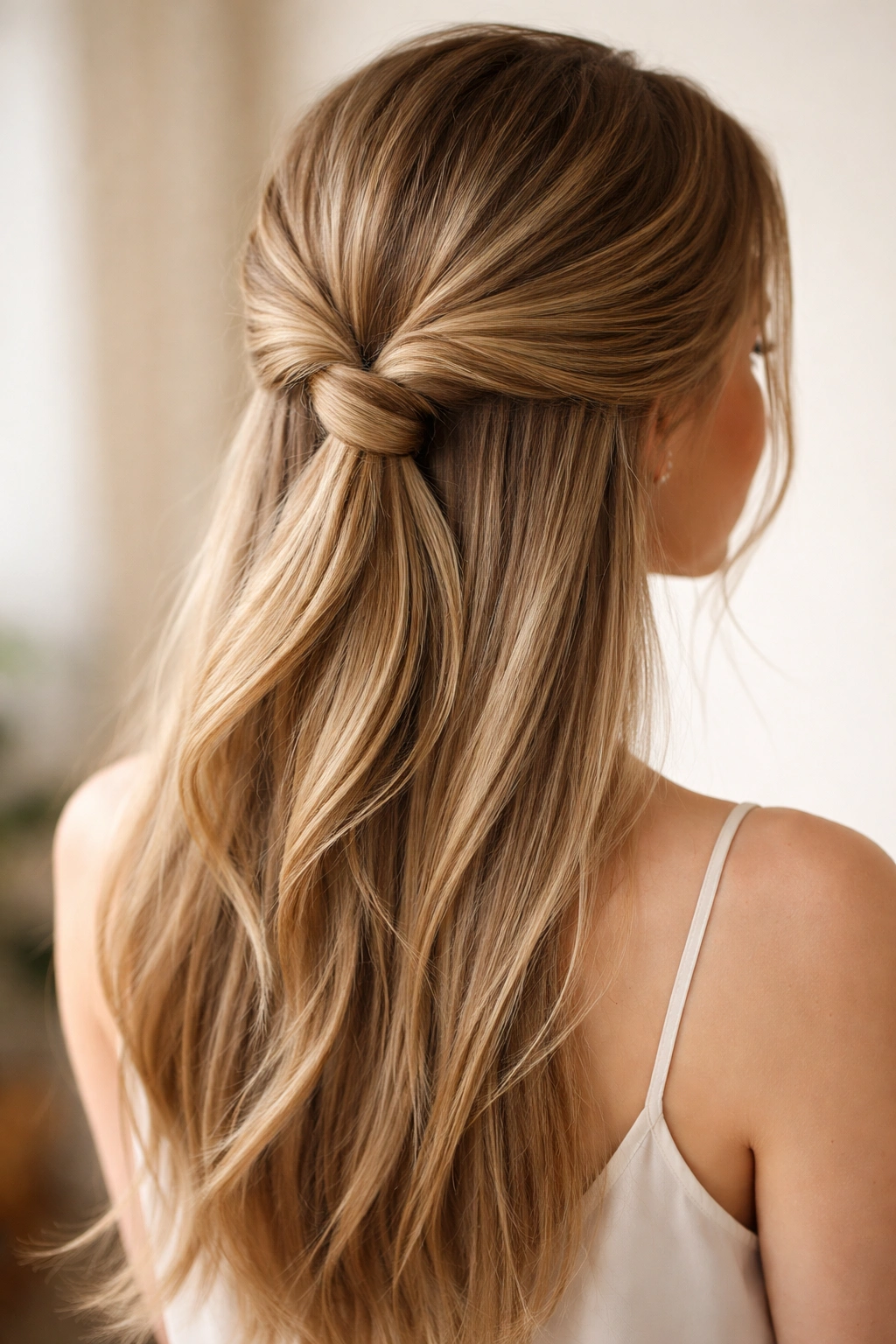 Relaxed twisted knot at back of head with two thick twists
