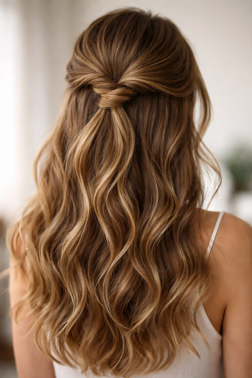 Two twisted sections forming a crown knot with soft waves in long hair