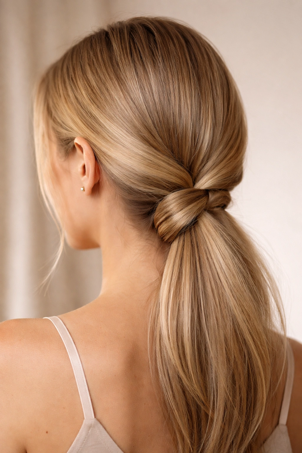 Hair twisted into a loose knot at the back with two twisted sections