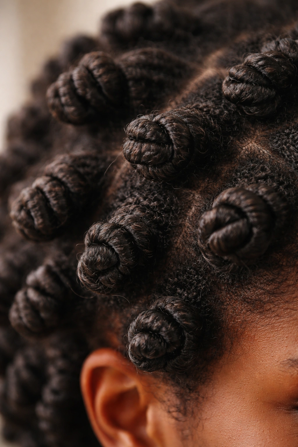 Close-up of twisted knots in Type 4 hair showing defined coils