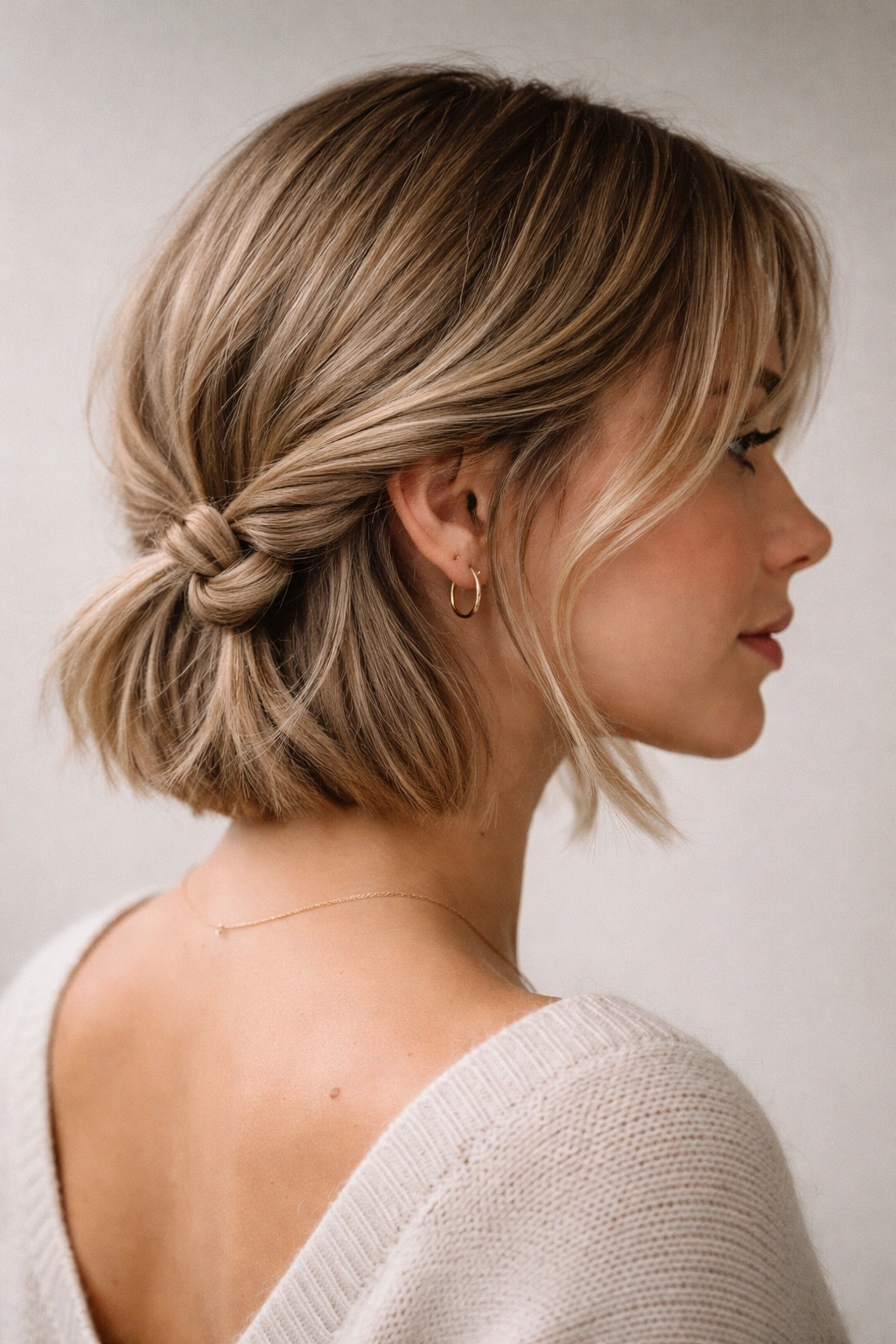 Close-up side view of a short hairstyle with a low side knot