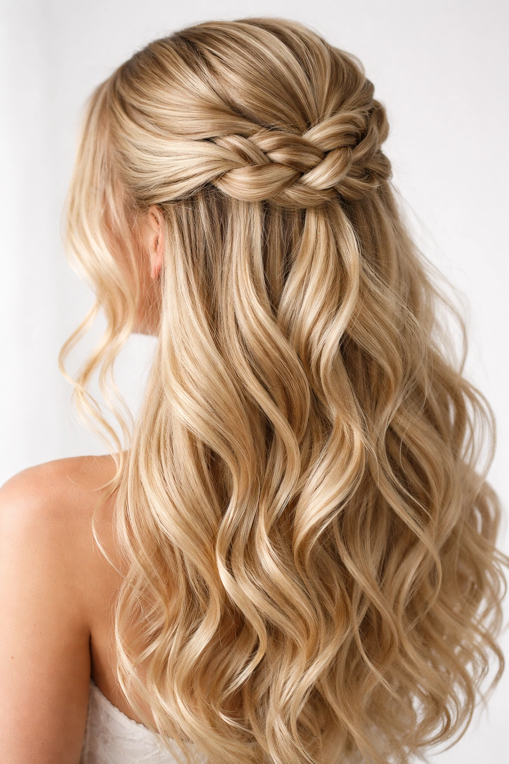 Back view of blonde hair in a half-up twisted knot with waterfall waves