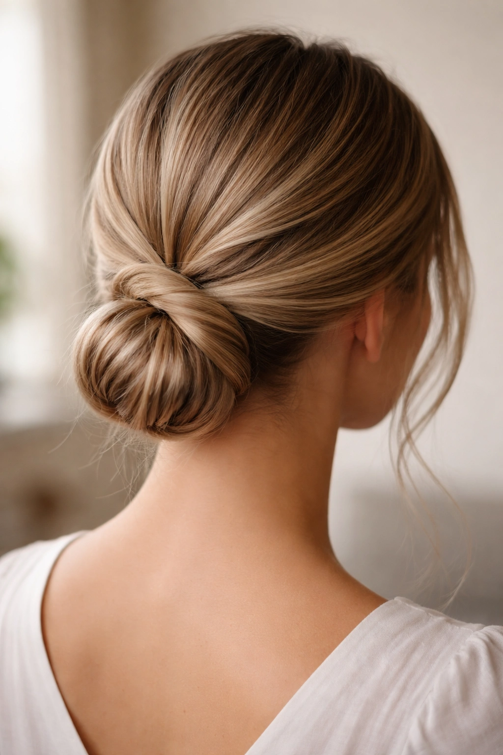 Close-up of a twisted low bun ponytail with two twisted strands