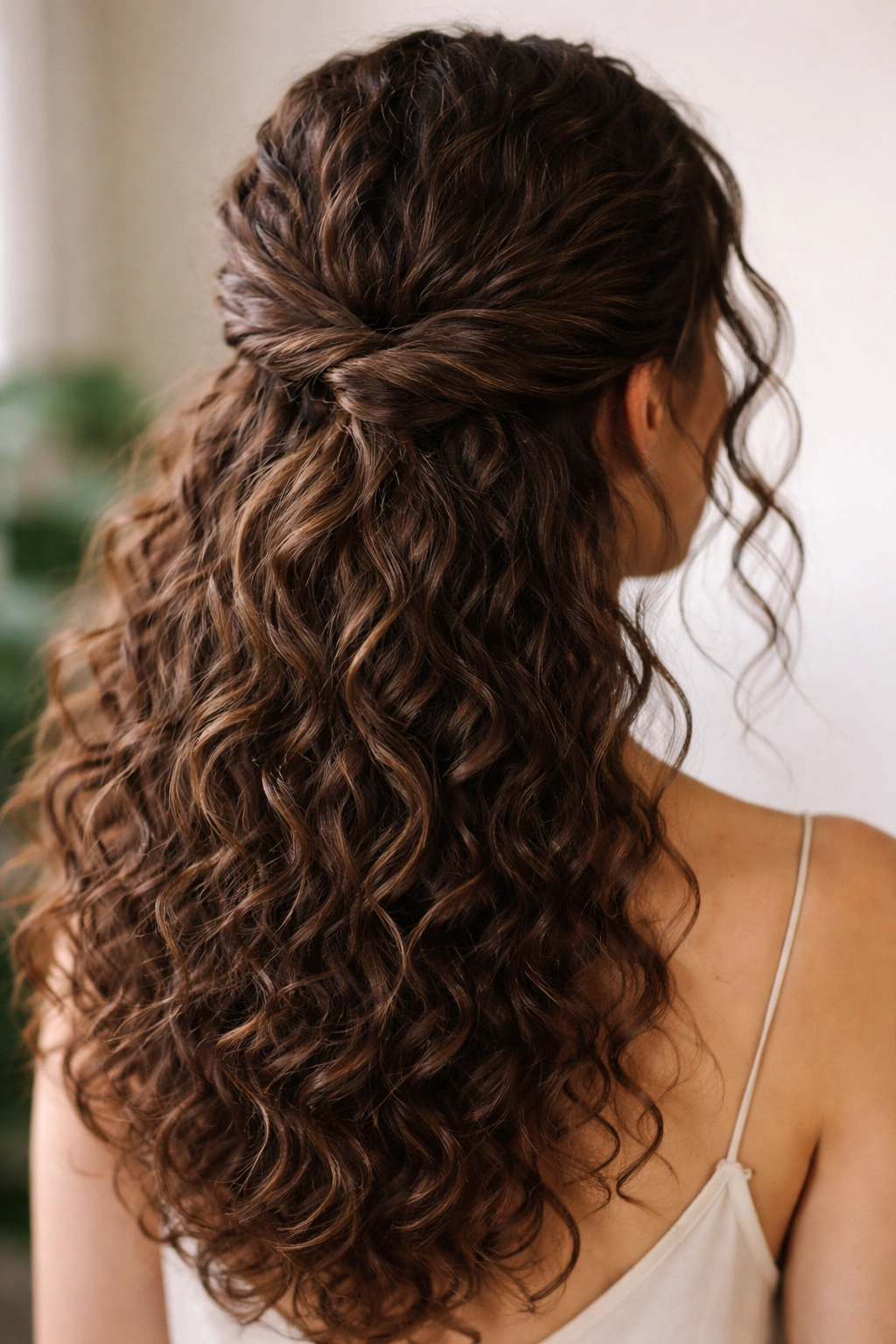 Low half-up hairstyle with a back twist and loose face-framing curls
