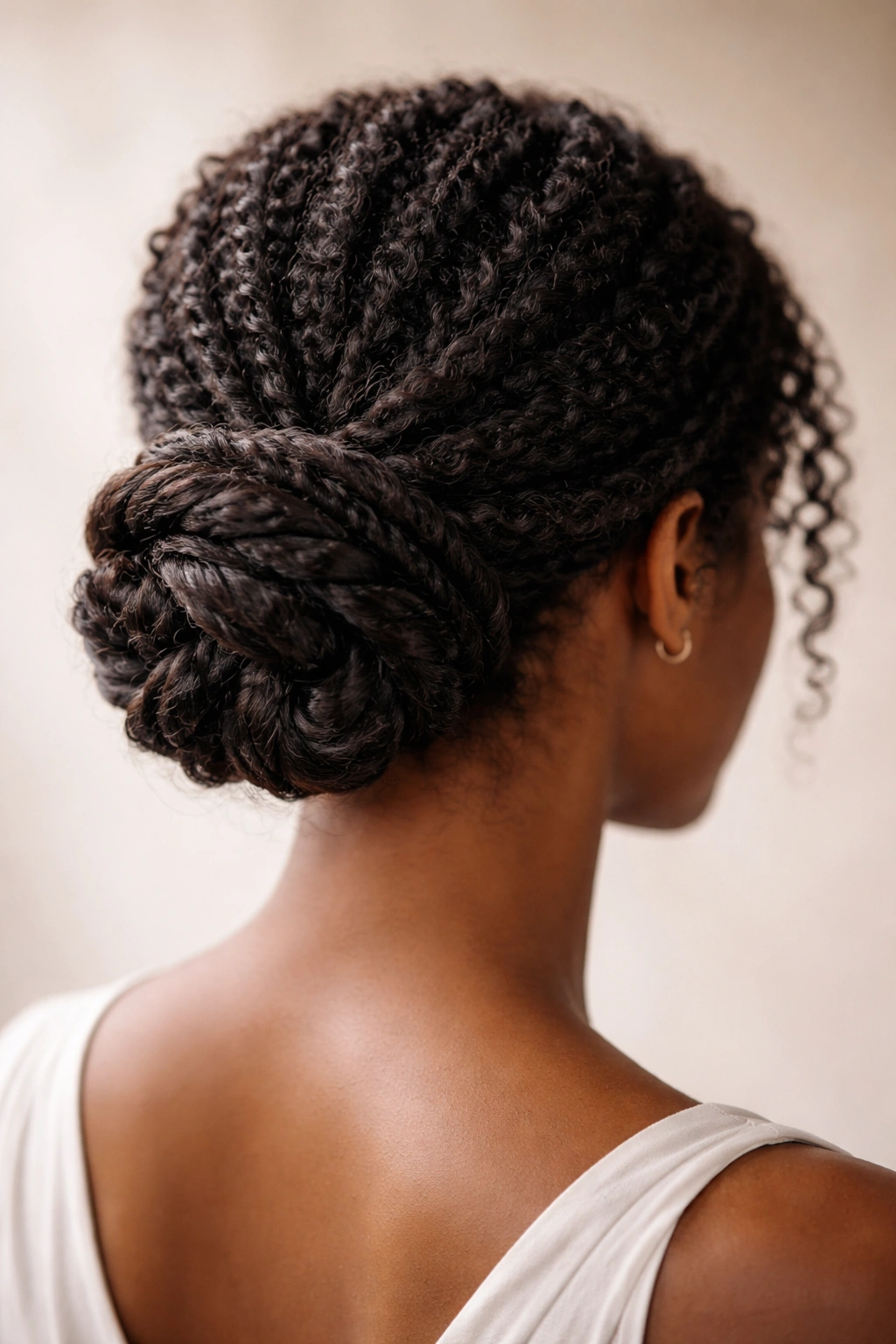 Twisted low knot at nape with textured coils