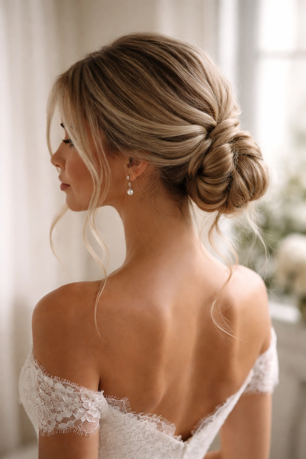 Twisted low knot with loose face-framing pieces hairstyle