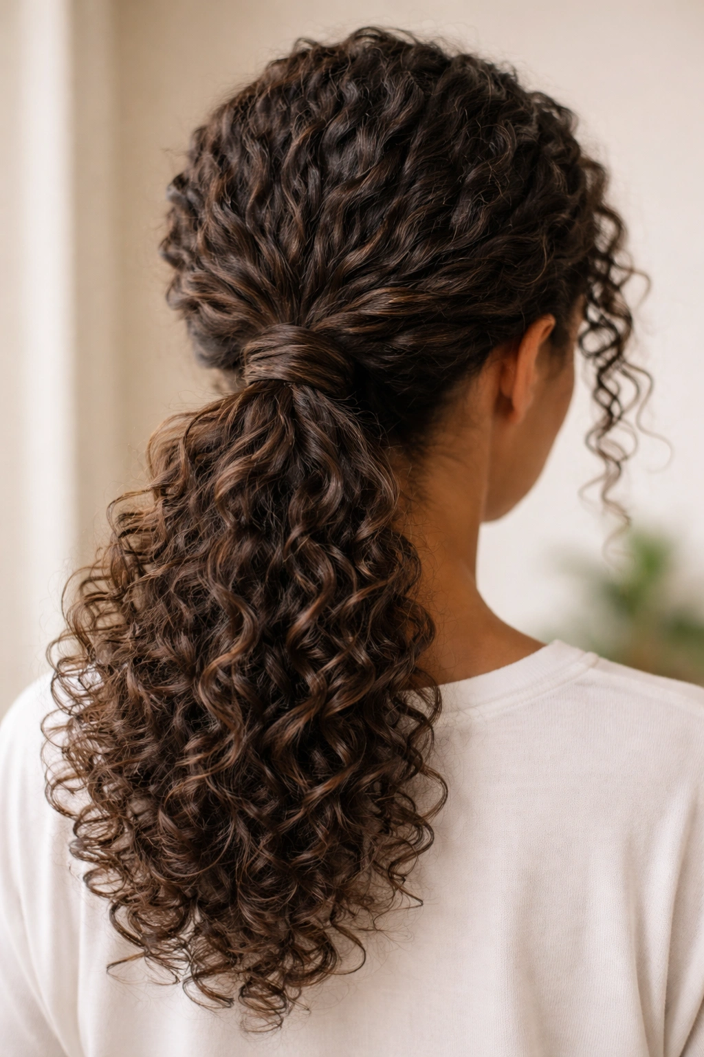 Nape view of twisted low pony with wrapped base
