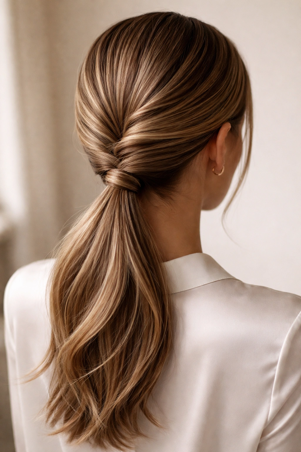 Twisted sections converging into a low ponytail at the nape