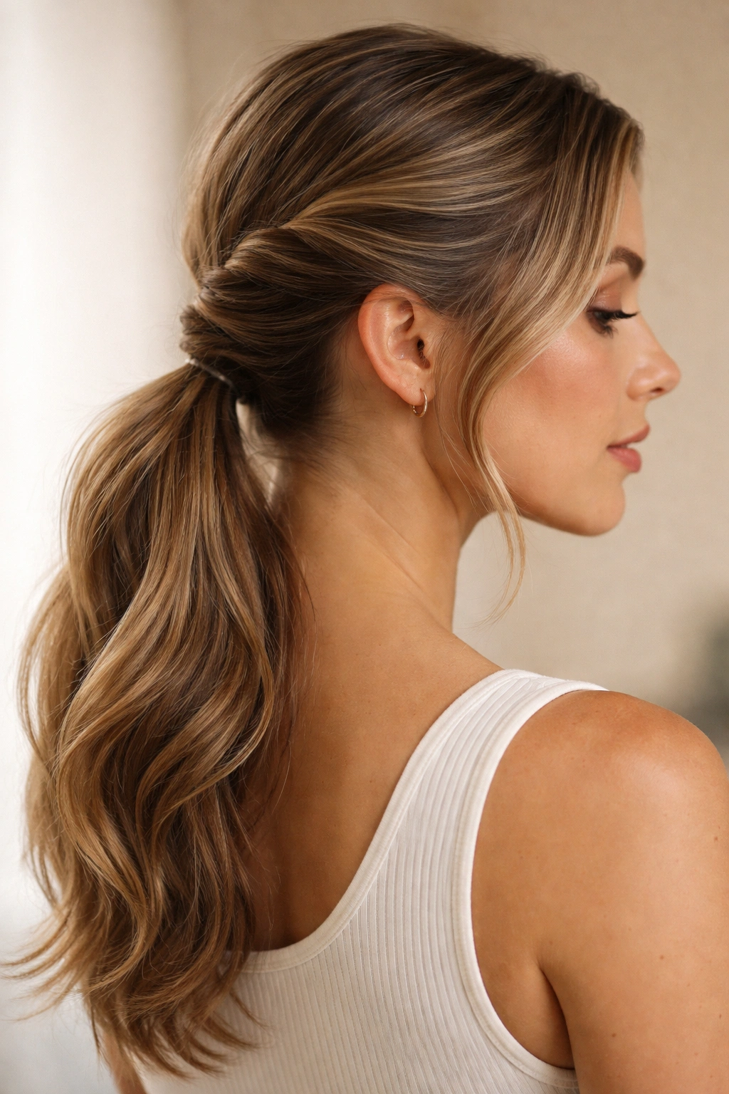 Close-up profile of a person with a twisted low ponytail showing spiral twists converging into a low ponytail.