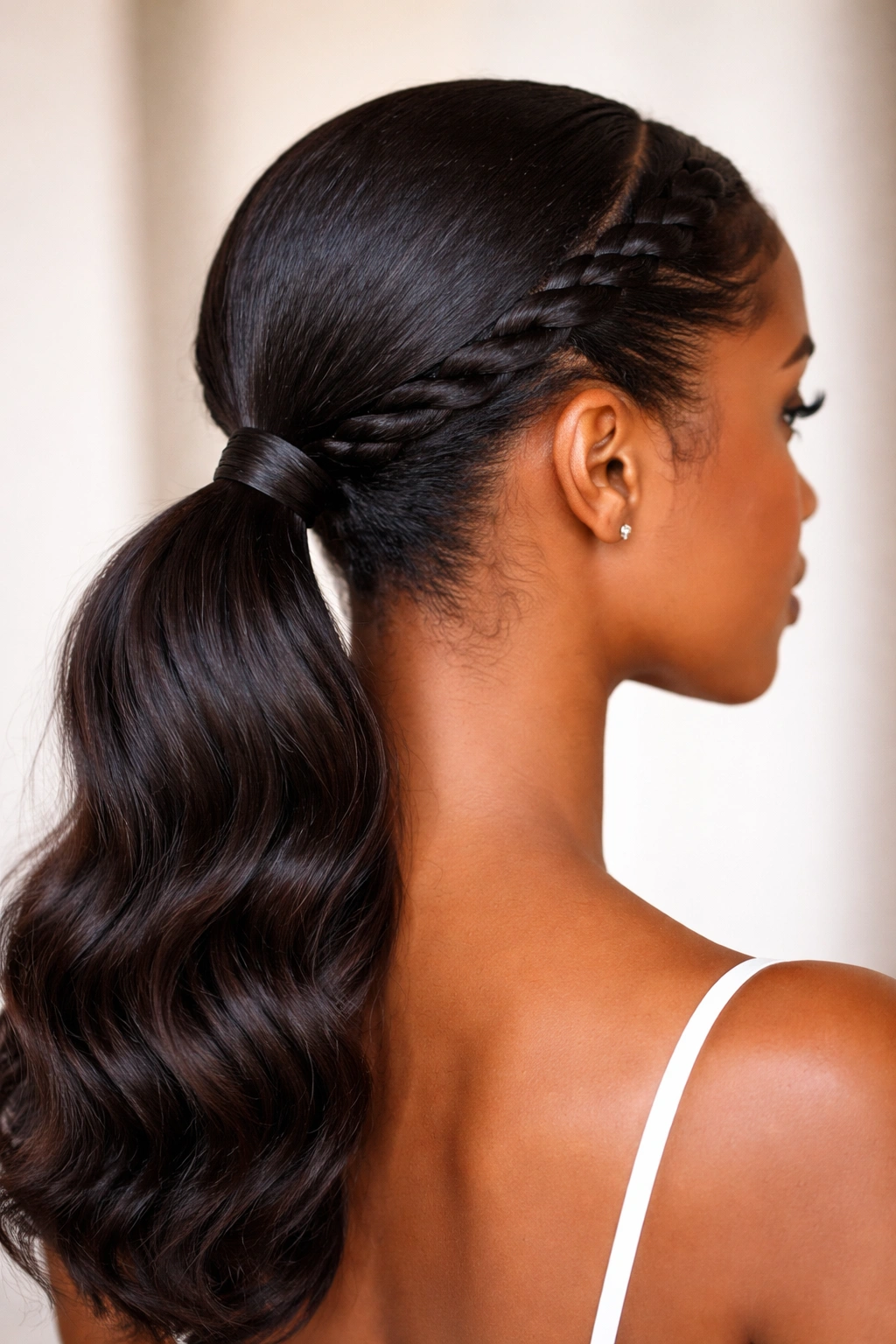 Twisted low ponytail with two symmetrical twists at the crown.