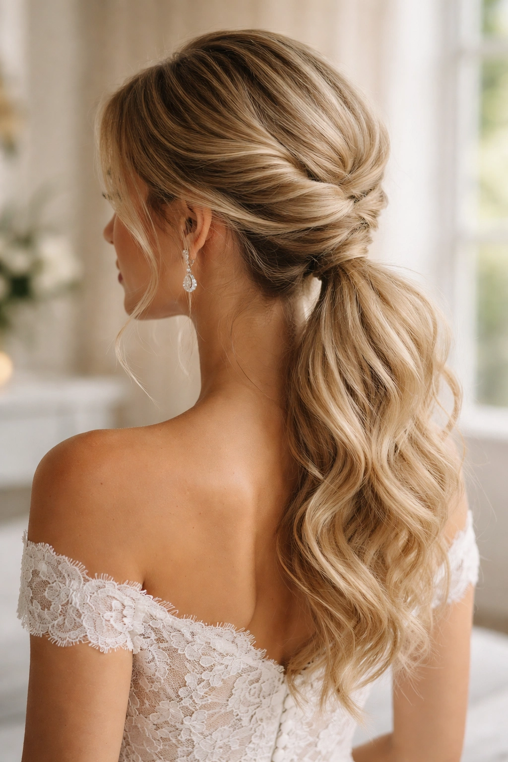 Low ponytail with twists for a modern refined bridal look