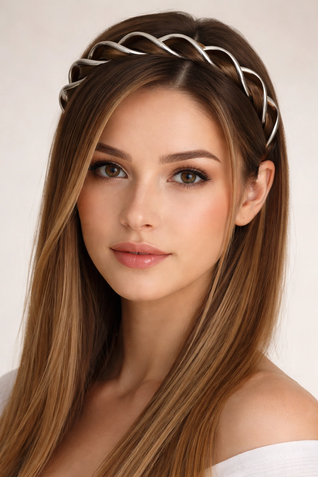 Twisted metal spiral headband on straight hair