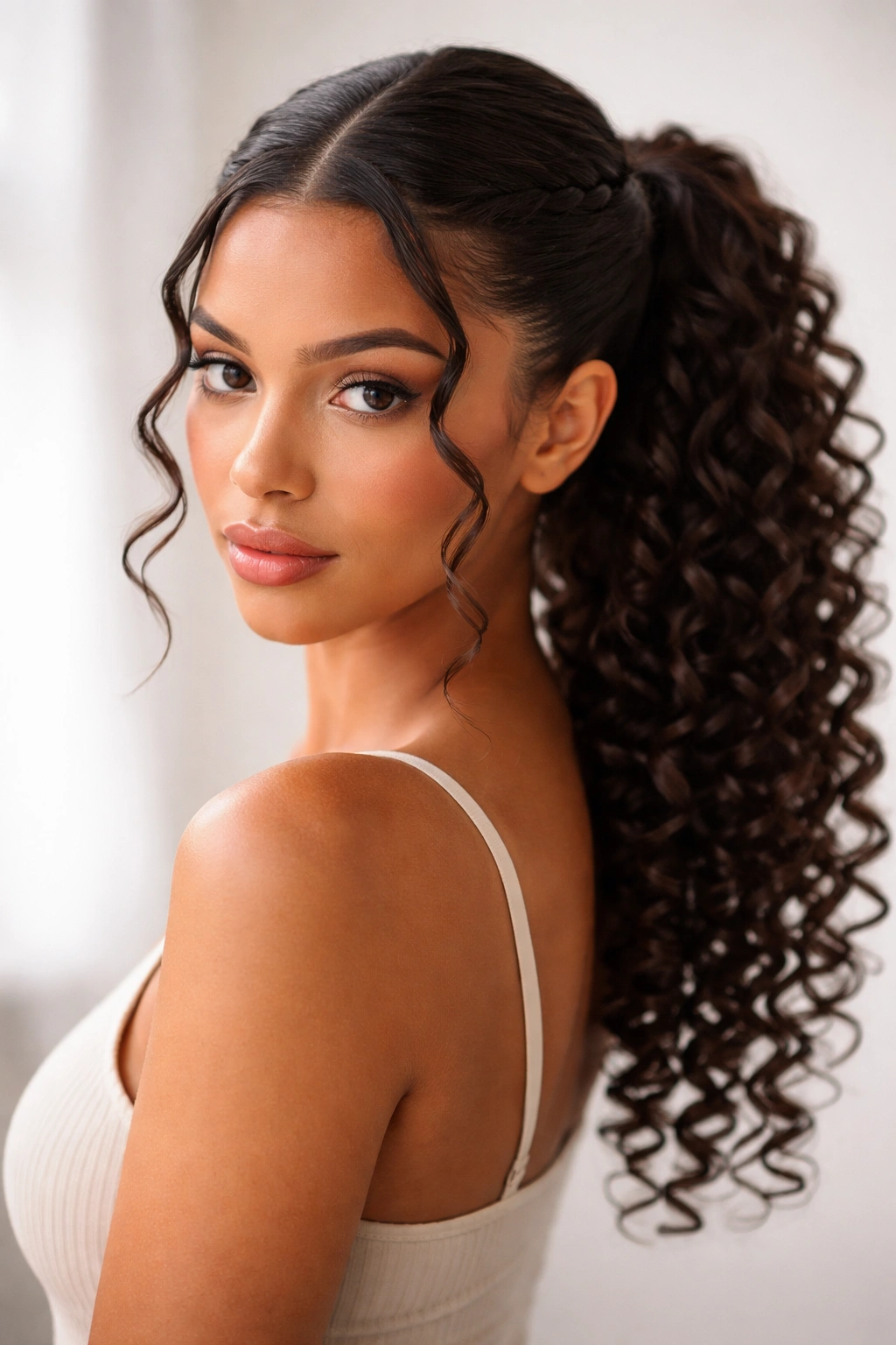 Twisted middle-part ponytail with rope-like ringlet curls.