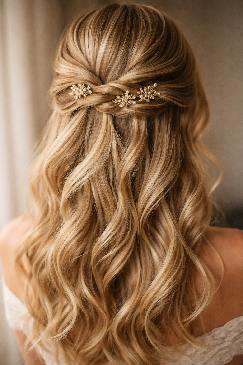 Twisted hair with decorative pins in a blonde half-up style.