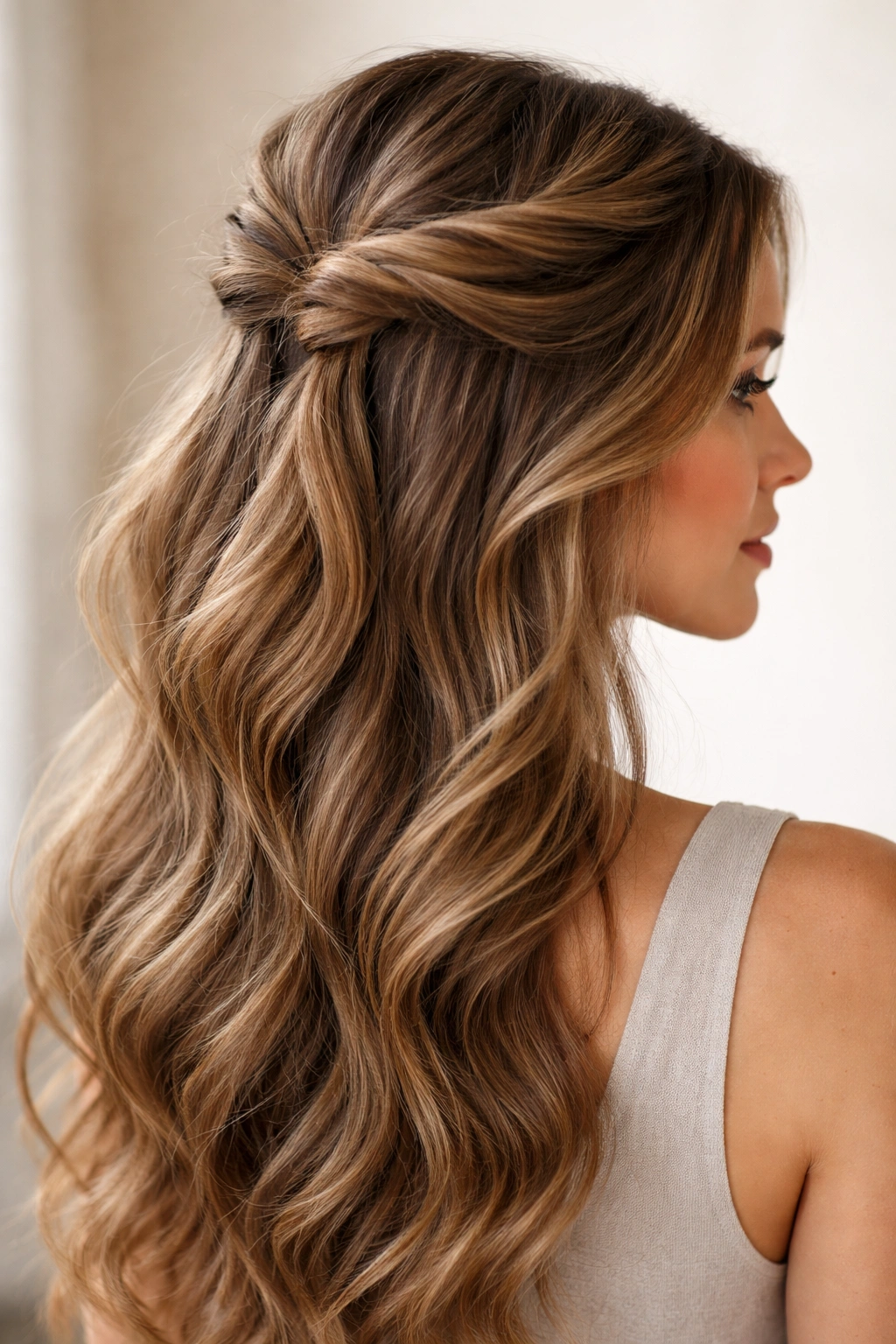 Close-up of two twists pinned high on the head with long hair