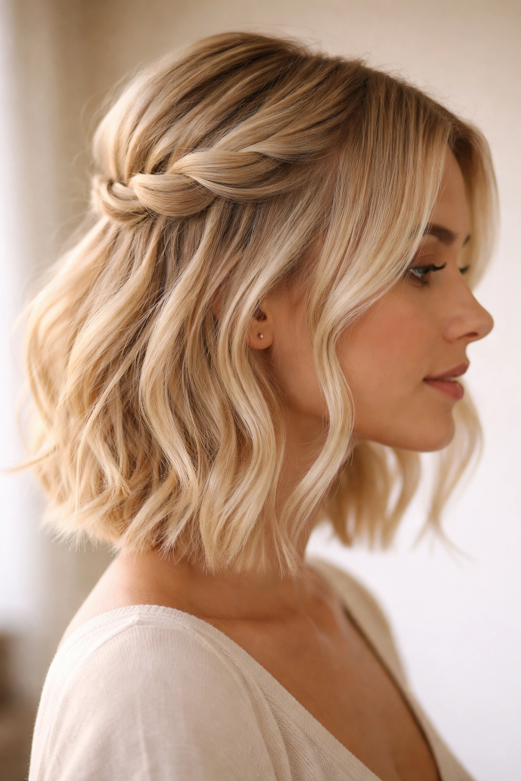 Face-framing twists pinned at the crown on short blonde hair