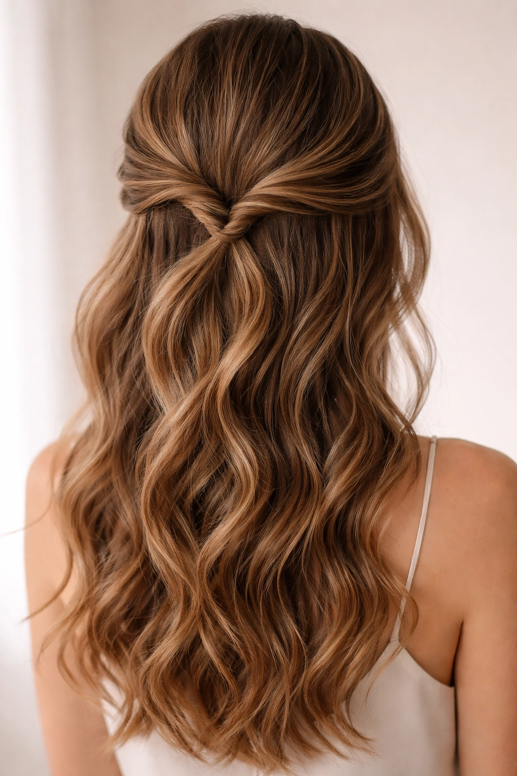 Two loose twists pinned back to create a minimalist half-up with soft waves
