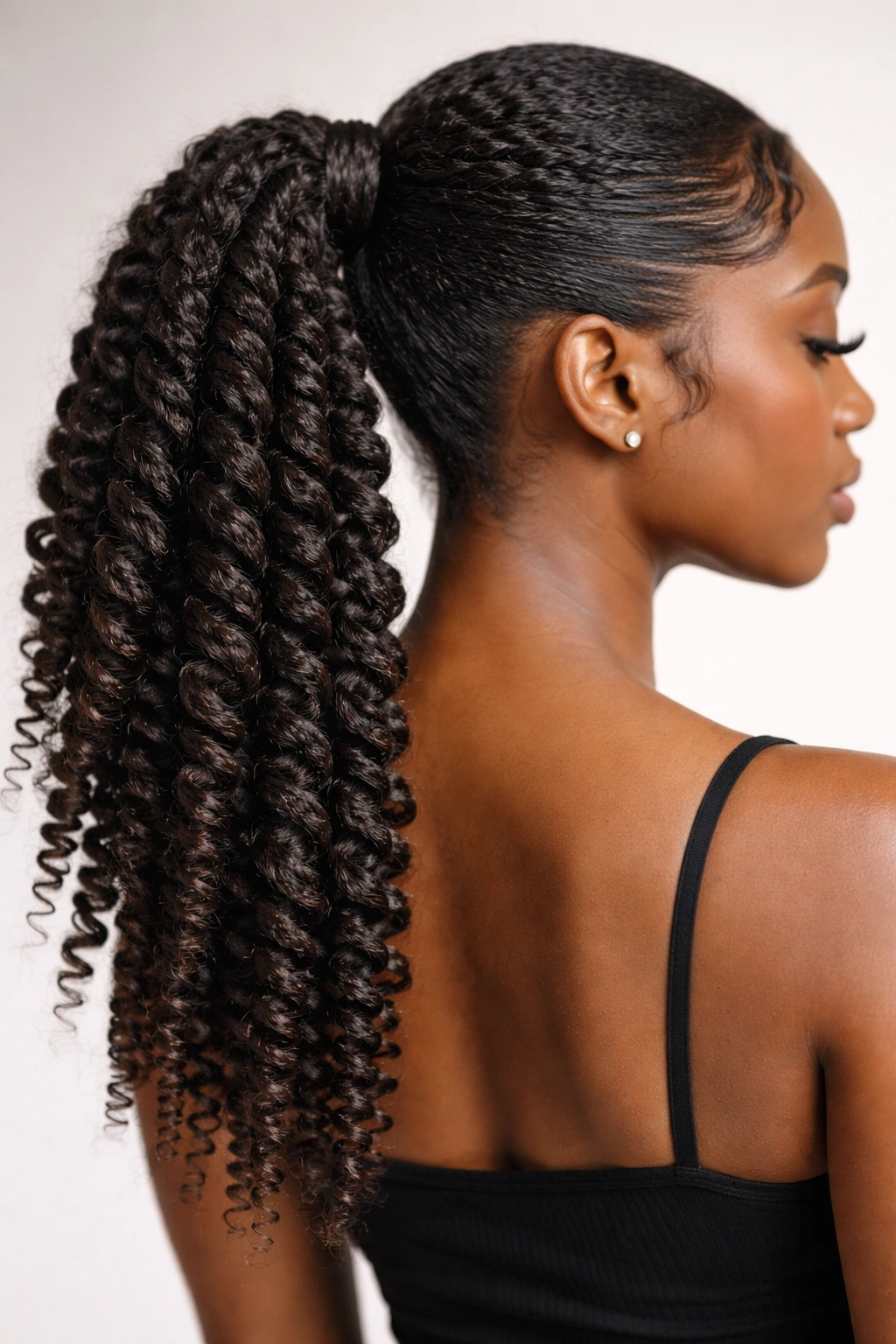 Ponytail with spiraling two-strand twists