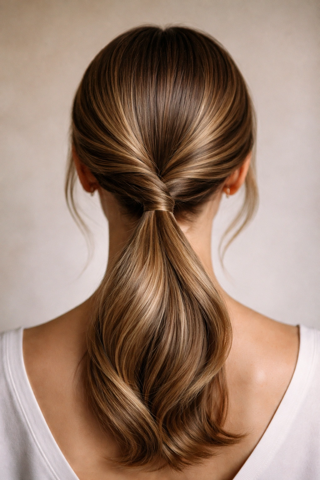 Twisted sections forming a low ponytail at the base
