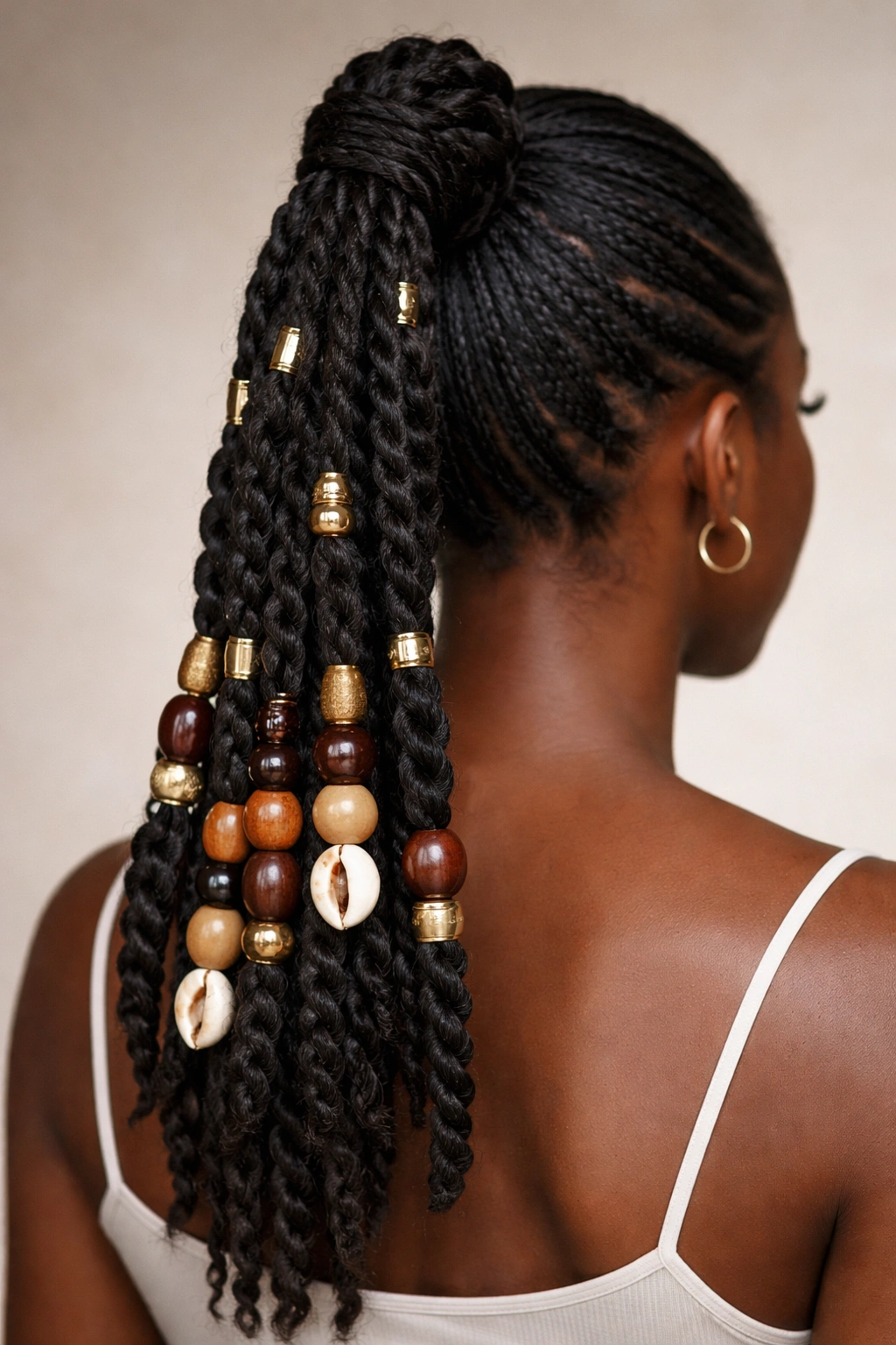Close-up of a twisted ponytail with beads and cuffs on the twists