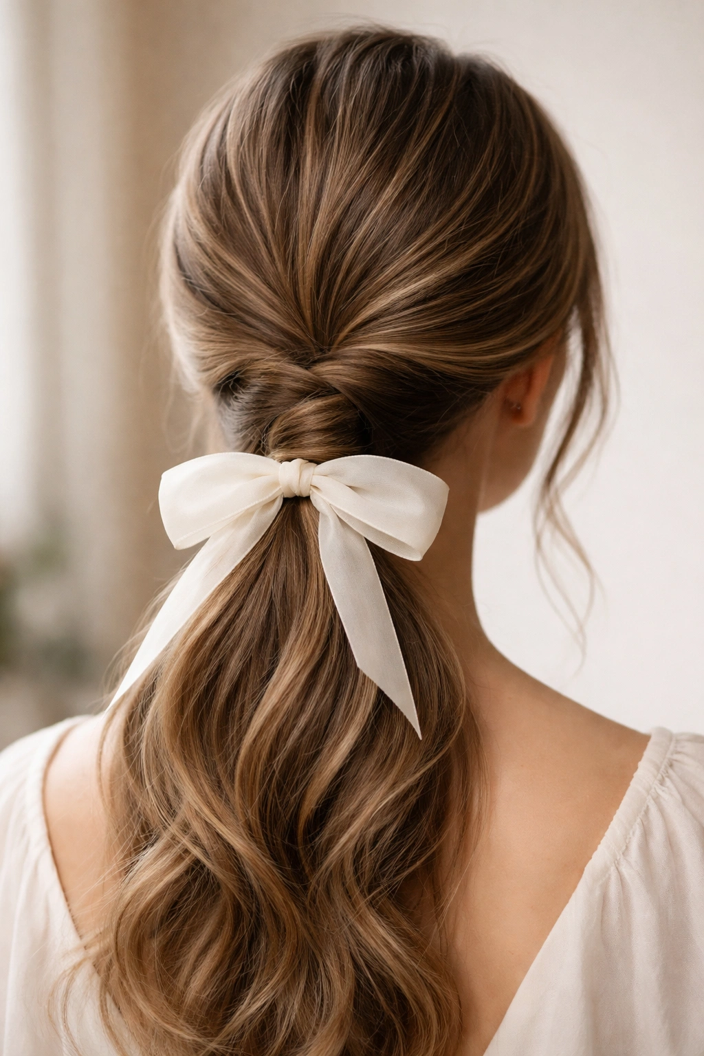 Back view of twisted low ponytail with a delicate bow